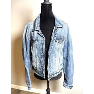 American Eagle Jacket Womens Large Blue Denim Distressed Button-Up